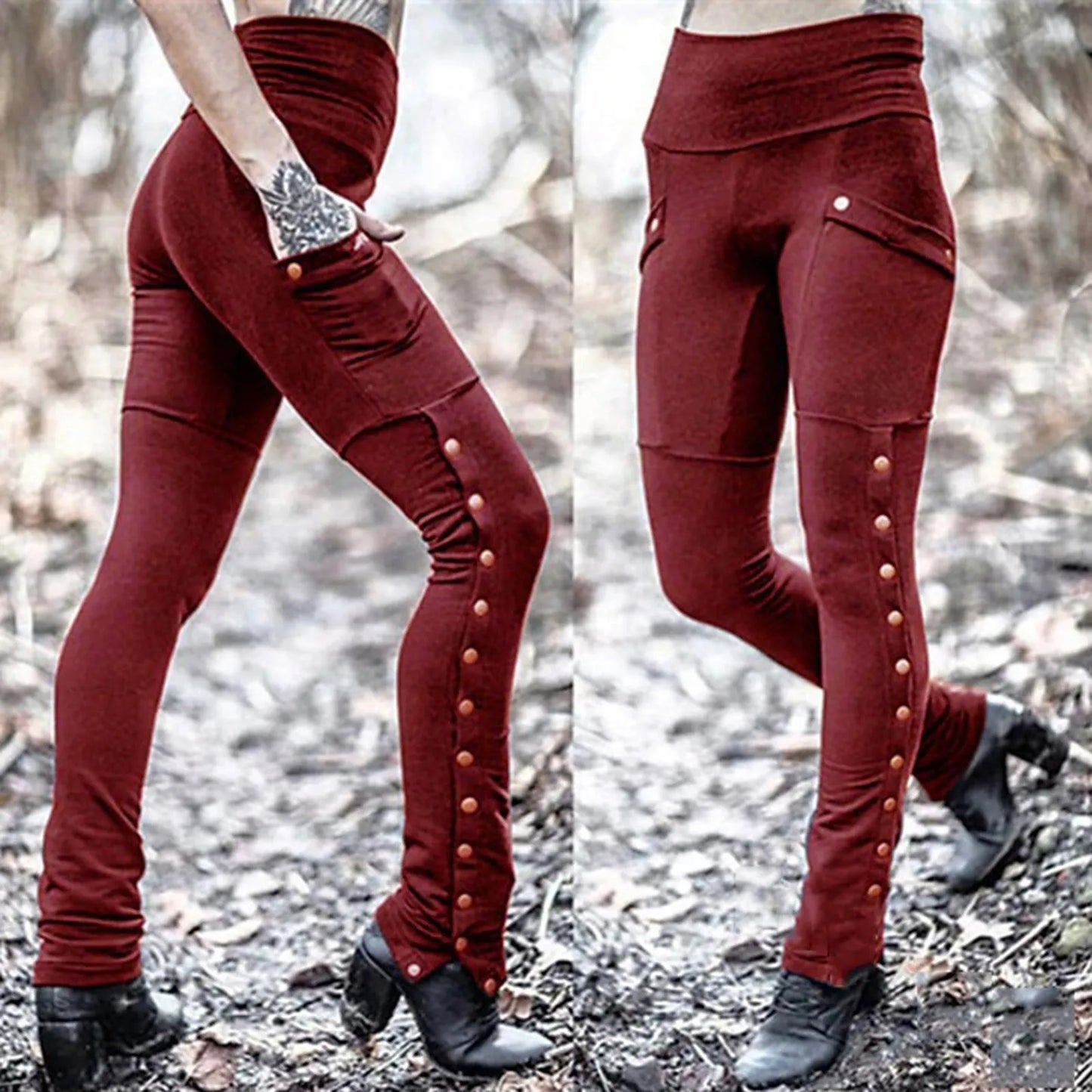 Black Pencil Pants For Women Medieval Gothic Steampunk Rivet Skinny Leggings Trousers Sexy Fashion High Waisted Denim Pants