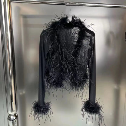Sexy See Through Mesh Patchwork Ostrich Feather Hem Shirt 2025 New Autumn Winter Fashion Long Sleeve Night Club Party Tops Y2K