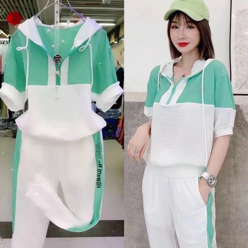 Women's Fashion Tracksuit Casual Suit Short Sleeve Hooded Top Pants Two Piece Set For Women