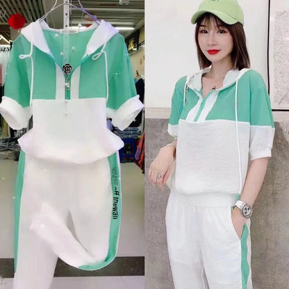 Women's Fashion Tracksuit Casual Suit Short Sleeve Hooded Top Pants Two Piece Set For Women