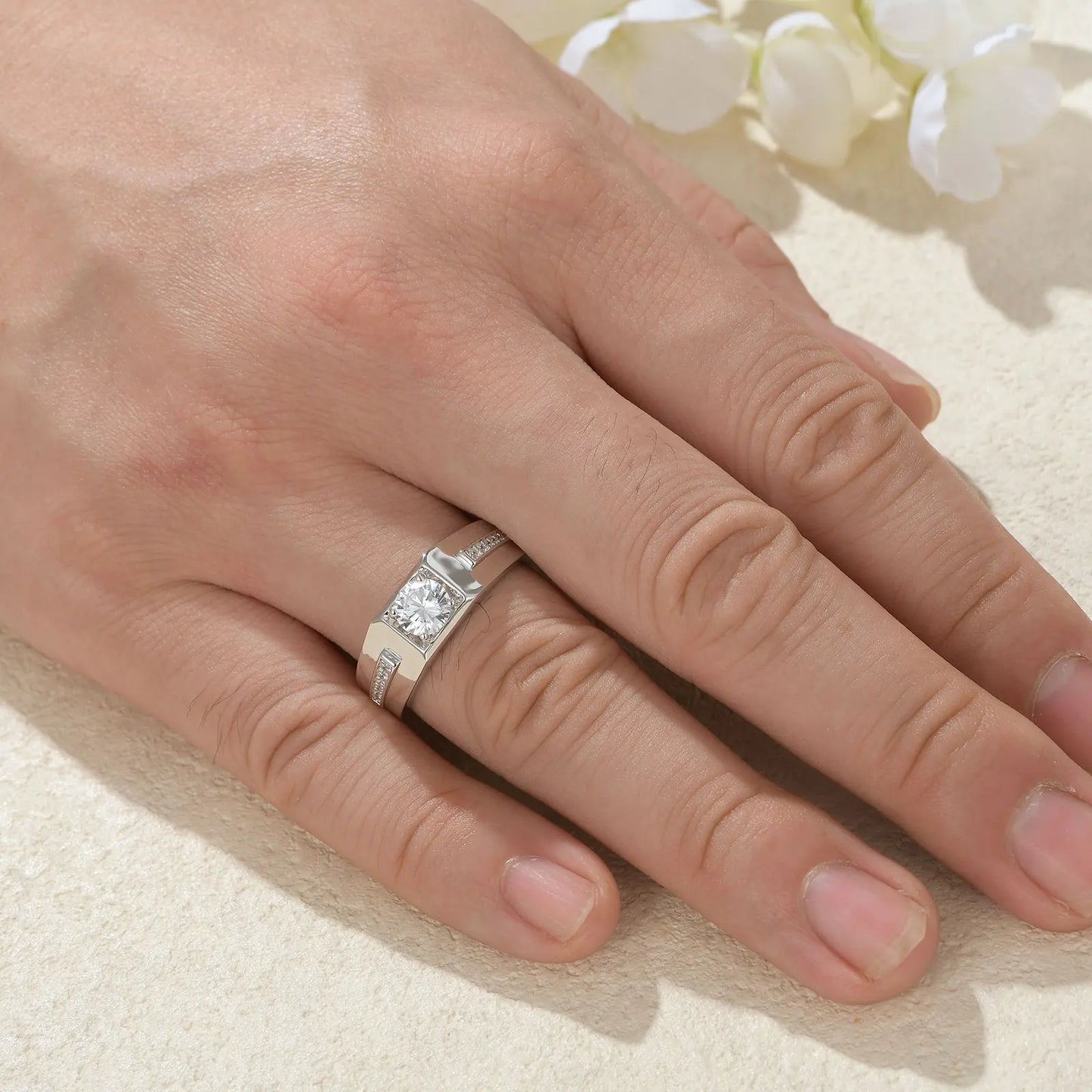 Newshe Men's Wedding Rings 925 Sterling Silver Solitaire Round Cubic Zircon Promise Band Size 8-12