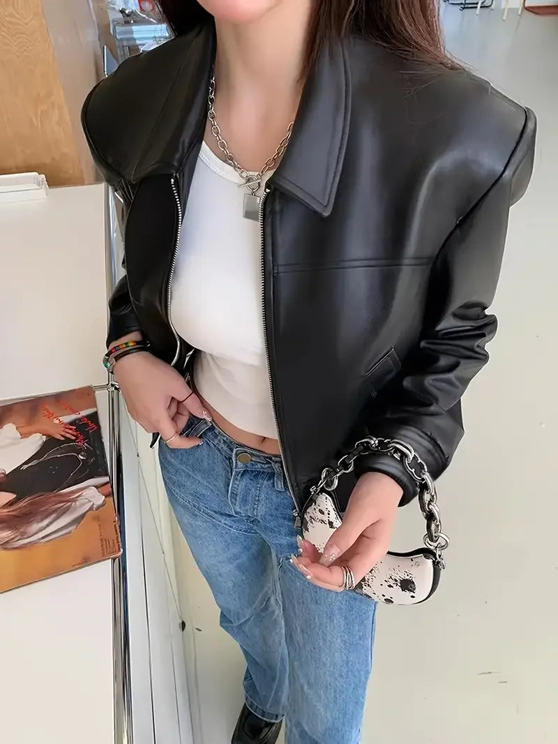 Women Fashion PU Motorcycle Jacket Zipper Pocket Leather Short Jacket