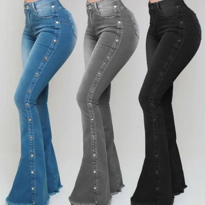 High Waist Strecth Denim Flare Pants Female Floor Length