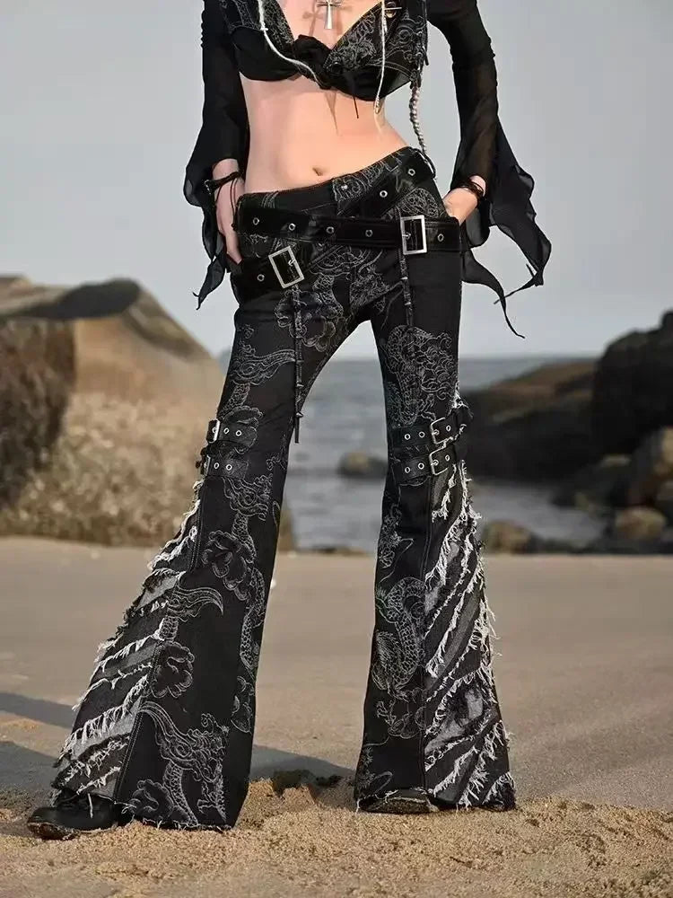 American Subculture Printed Dragon Pattern Raw Edge Slightly Flared Jeans Women's Low-waisted Slim Fit Flared Pants