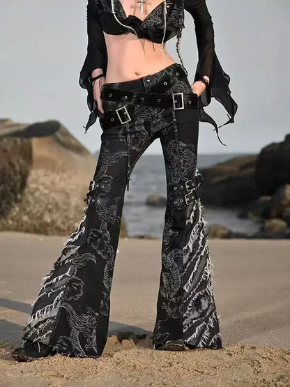 American Subculture Printed Dragon Pattern Raw Edge Slightly Flared Jeans Women's Low-waisted Slim Fit Flared Pants