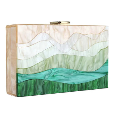 Womens Handbag Green Beige Striped Acrylic Luxury Casual Cute Box Clutch Purse