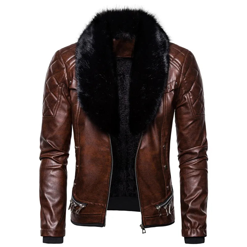 Winter Fleece Motorcycle Leather Jacket Men Turn Down Fur Collar Slim Fit Warm PU Bomber Jacket