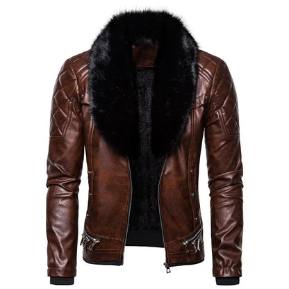 Winter Fleece Motorcycle Leather Jacket Men Turn Down Fur Collar Slim Fit Warm PU Bomber Jacket