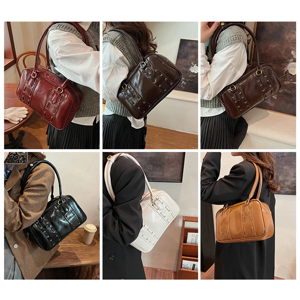 Shoulder Bags for Women PU Leather Female Boston Tote Bag Solid Color Handbags Purse Shoulder Purse Commute Tote Bag