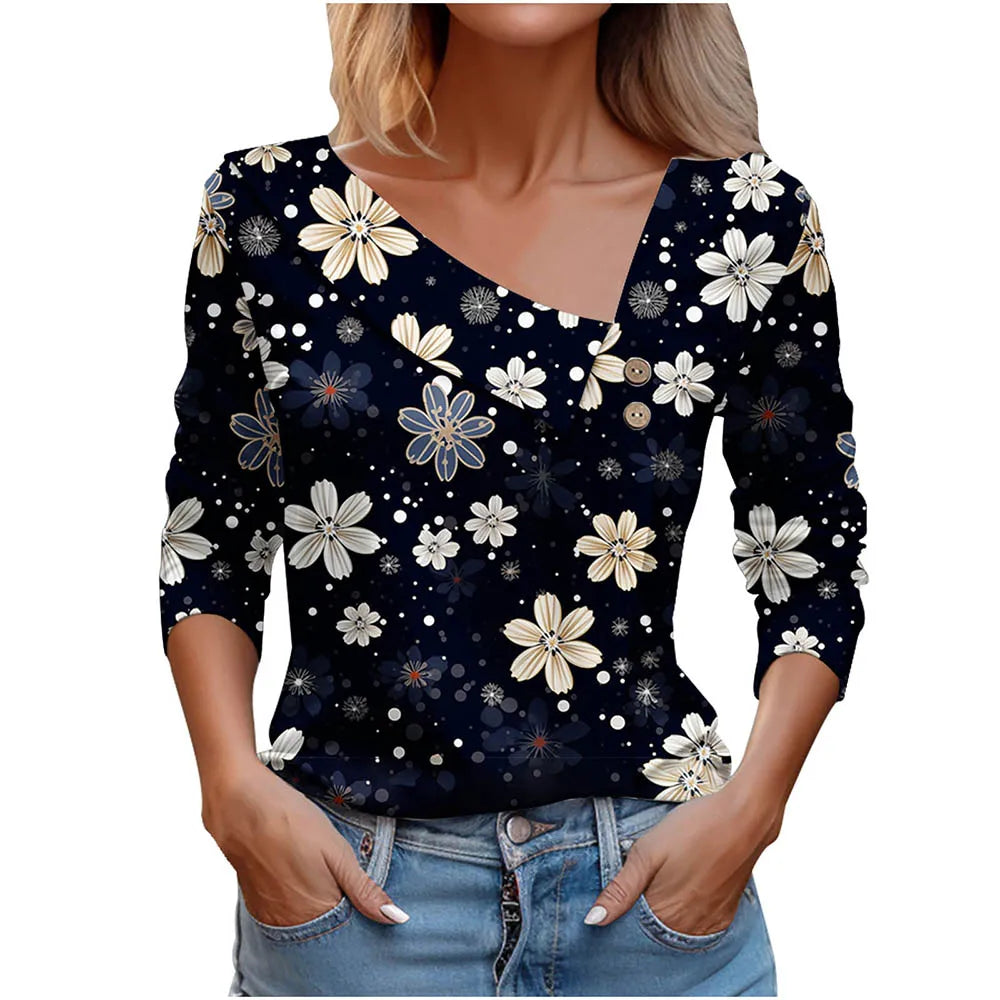 T Shirt For Women Fashion Long Sleeve Top White Floral Print Shirt