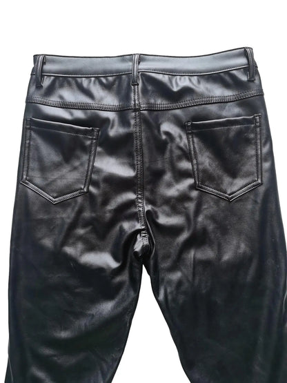 Men's Gothic Rock Punk Biker Slim Faux PU Leather Patchwork Studded Stretch Trousers