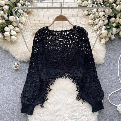 Casual Loose Knitting Top O Neck Hook Flower Hollow Long Sleeved Tassel Design Fashion French Vintage Blouse