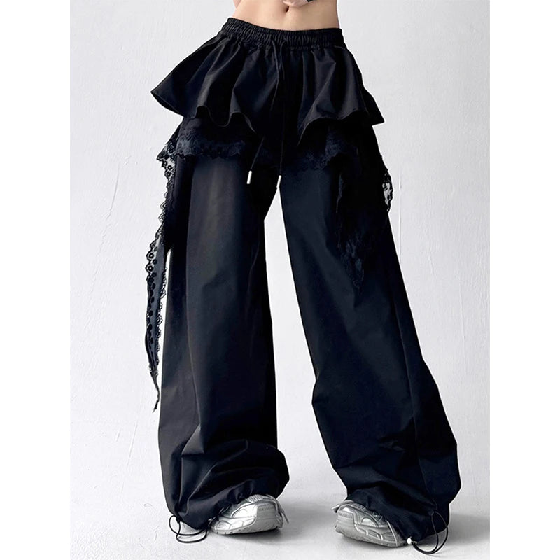Y2K Black Cargo Pants Women Lace Patchwork White Wide Leg Pants