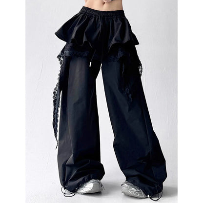 Y2K Black Cargo Pants Women Lace Patchwork White Wide Leg Pants