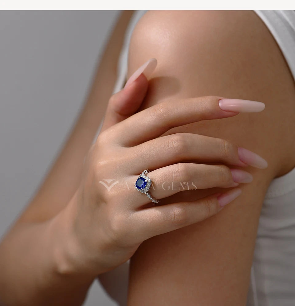 ATTAGEMS Classical Blue Sapphire Ring Cushion Cut 2.0ct DVVS1 Real 925 Sterling Silver For Women Engagement Wedding Fine Jewelry