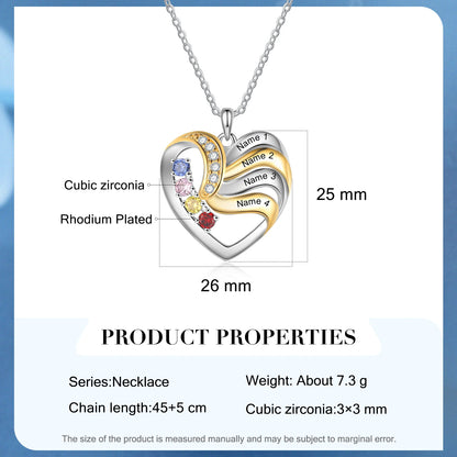 Personalized Love Heart Pendants Necklace 1-5 Kids Names Birthstone Mothers Day