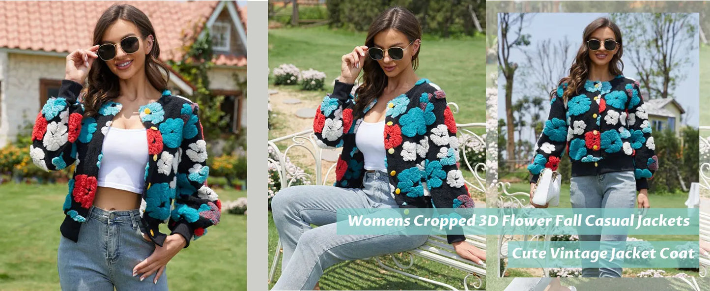 Wool Coats for Women Floral Puff Sleeve Embroidered Printing Short Fall Winter Jacket