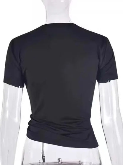 Women's T-Shirt Rhinestone Hollow Heart Drawstring T-Shirt Women Clothes Casual Short Sleeve O-neck