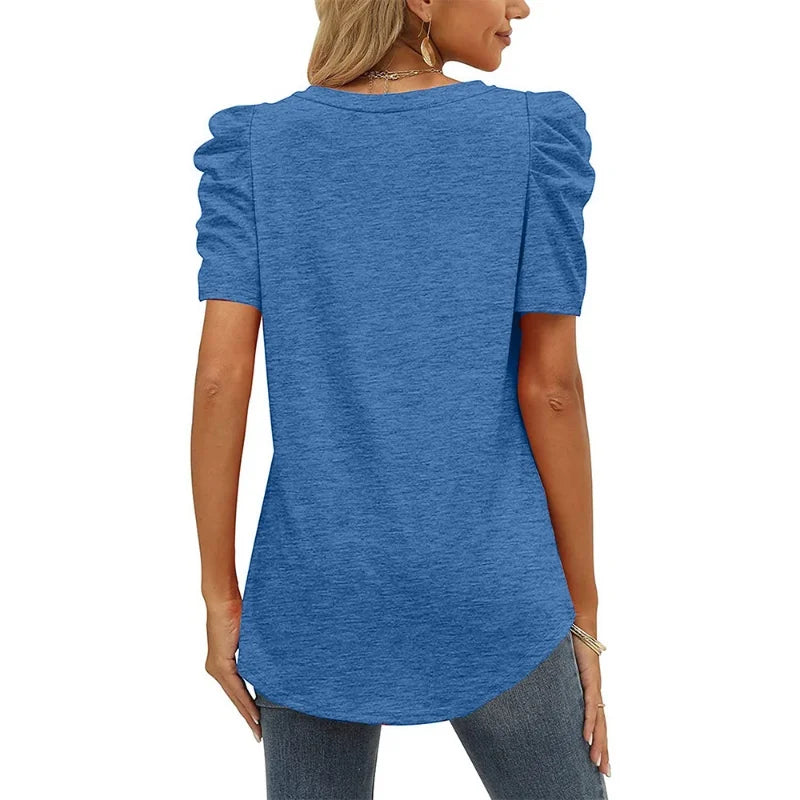 Women's Casual Summer Top Puff Short Sleeve Tee Shirt Cotton Pullover Blouse V-neck Solid Color Loose