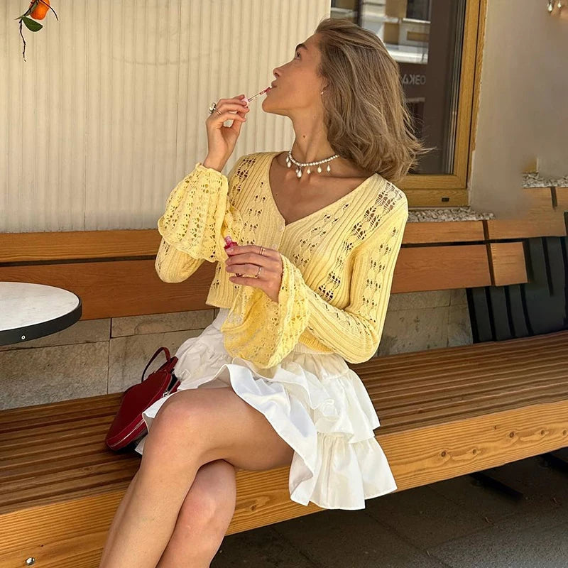 Hollow Knitted Cardigan Women's Solid Long Sleeve V Neck Short Sweater Top Female Crochet Yellow / S White / L White / M Yellow / S-White / L-White / M-White / S-Brown / L-Brown / M-Brown / S-Pink / L-Pink / M-Pink / S-Yellow / L-Yellow / M-Wine Red / L-Wine Red / M-Wine Red / S-Blue / L-Blue / M-Blue / S-