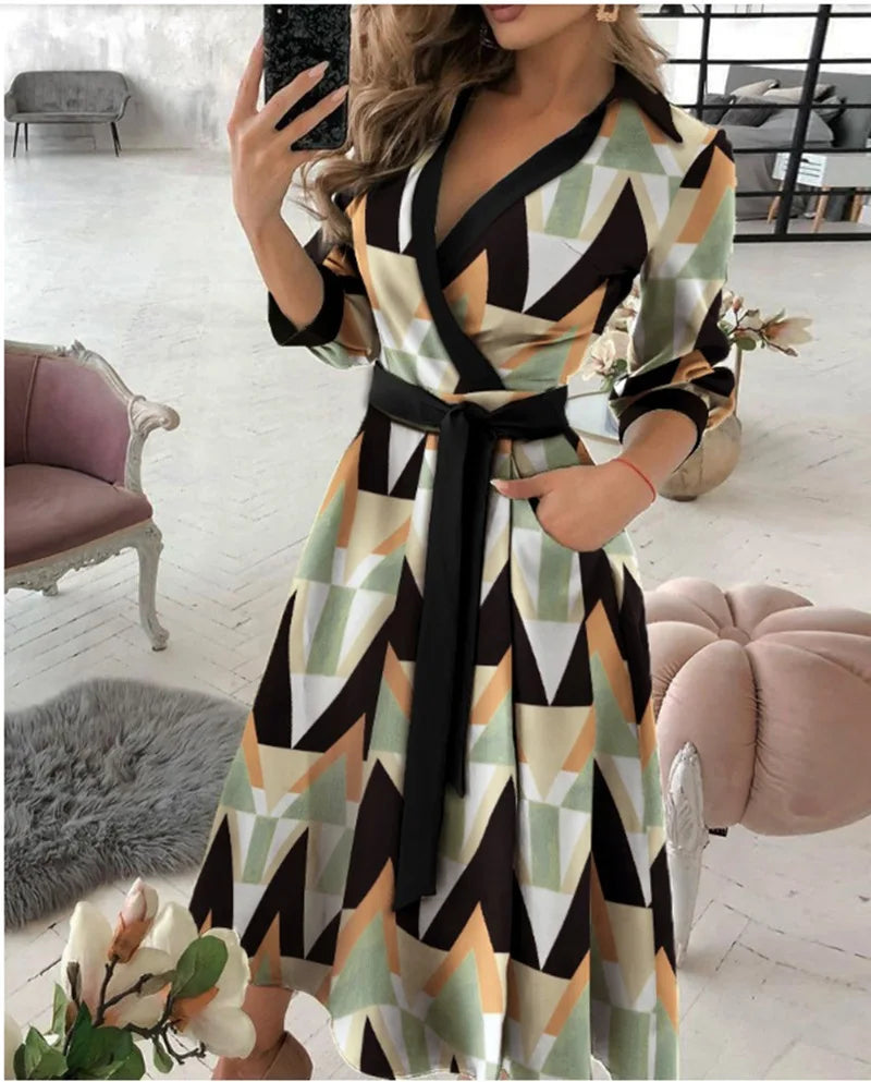 A-Line Wrap Summer Dress Long Sleeve V-Neck Dress Pocket Elegant Midi Party Dress