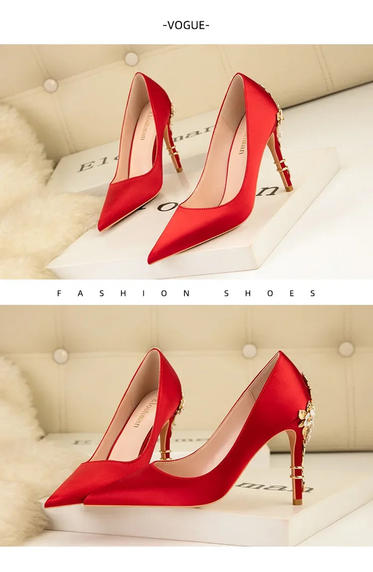 Women's Metal Flowers Stiletto High-heel Shoes Female  Light Luxury Wedding Shoes Pointed Toe