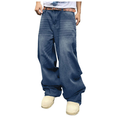 Men'S Baggy Hip Hop Jeans Wide Leg Skater Denim Pants Casual Loose Fit Long Trousers