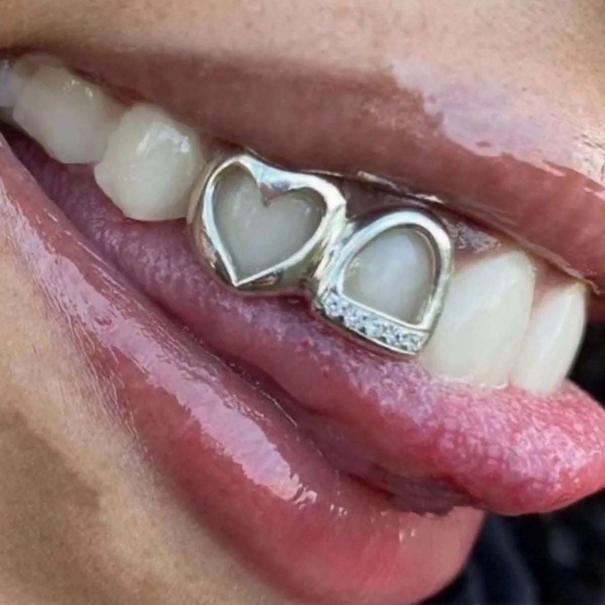 CZ Stone Double Hollow Heart Teeth Grillz Braces Vintage Punk Zircon Tooth Caps