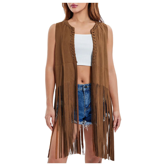 Womens Fringe Vest 70s Hippie Costume Sleeveless Western Faux Suede Tassel Leather Lightweight Cardigans