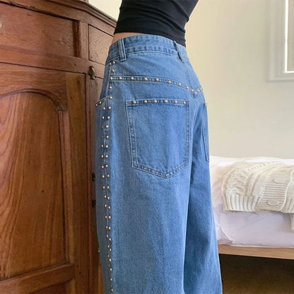 Metal Rivet Wide Leg Jeans Trousers Baggy Low Rise Pockets Denim