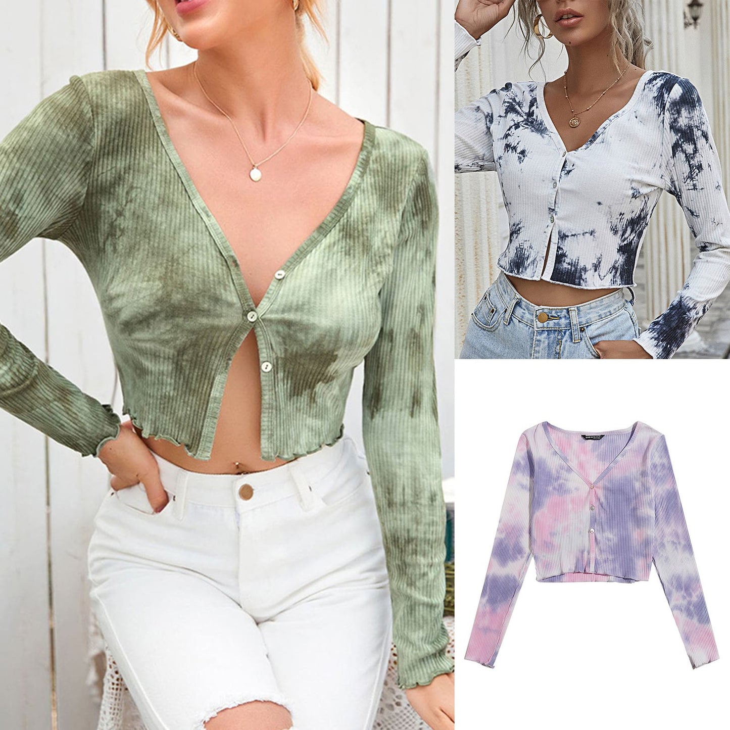 Tie Dye Ruched Crop Top V-neck Long Sleeve Ruffles Hem T-Shirt