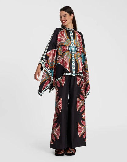 Vintage Print Pants Sets Women Irregular Loose Long Sleeve Shirt Wide Leg Trousers Two Piece Set Female Fashion Trend Streetwear