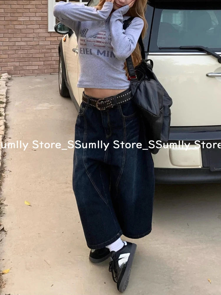 Embroidery Stitched Jeans Women Summer Loose Retro High Waisted Pants Y2k Design Wide Leg Cropped Shorts