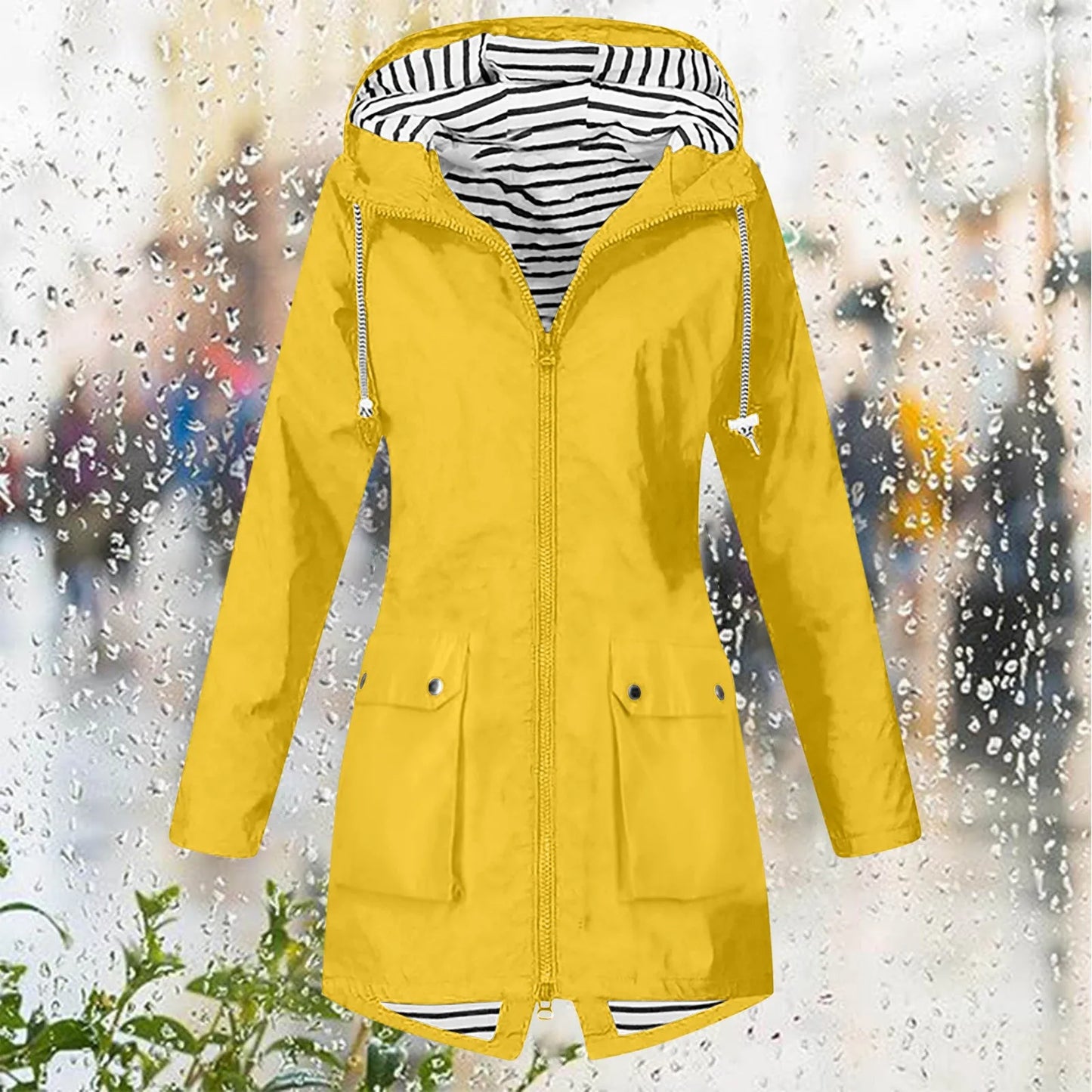 Hooded Lightweight Long Sleeve Windbreaker Zip Up Drawstring Windproof Raincoat Plus Size Long Coat Outdoor