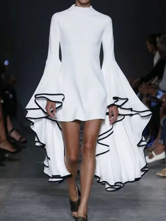Elegant Flared Sleeves Party Evening Stand Collar Slim Fit White A-line Dress