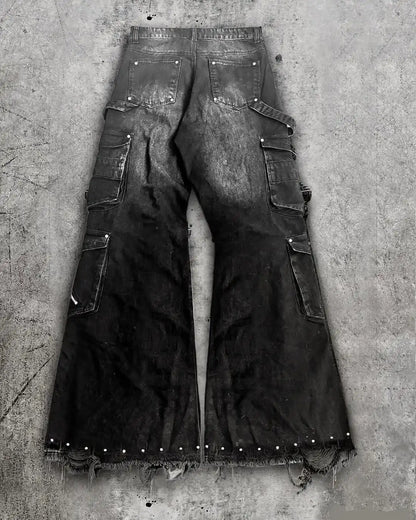 Y2K Streetwear Gothic Cargo Baggy Jeans Oversized Multi Pocket Wide Leg Pants with Zippers Straps Ripped Distressed Men Womens
