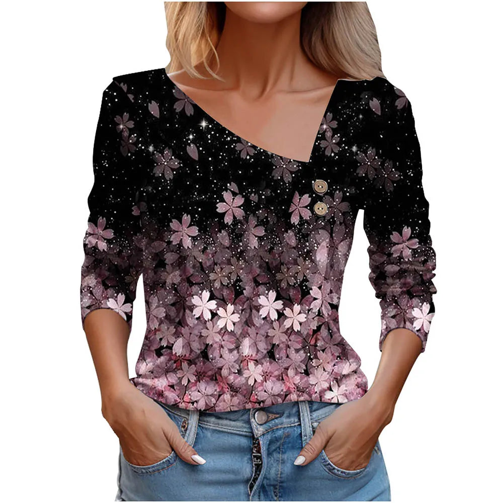 T Shirt For Women Fashion Long Sleeve Top White Floral Print Shirt