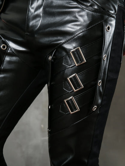 Men`s Motorcycle Hip Hop Slim Fit Soft PU Faux Leather Biker Pants