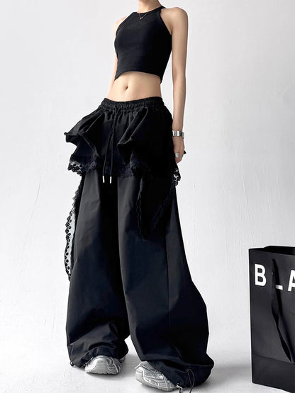 Y2K Black Cargo Pants Women Lace Patchwork White Wide Leg Pants