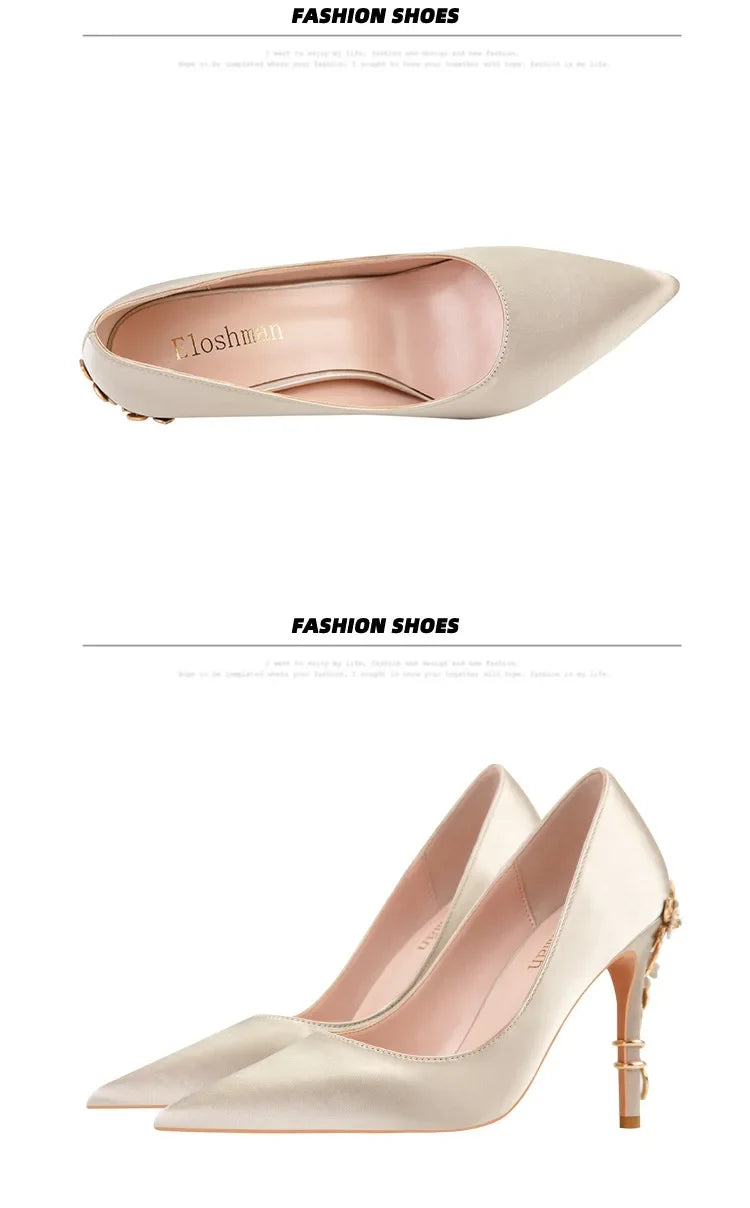 Women's Metal Flowers Stiletto High-heel Shoes Female  Light Luxury Wedding Shoes Pointed Toe