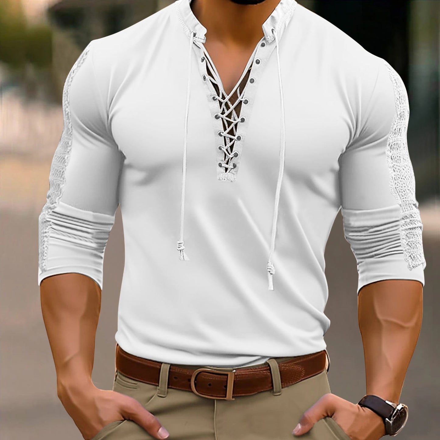 Mens Simple Leisure Button Pullover Long Sleeved T Shirt Casual