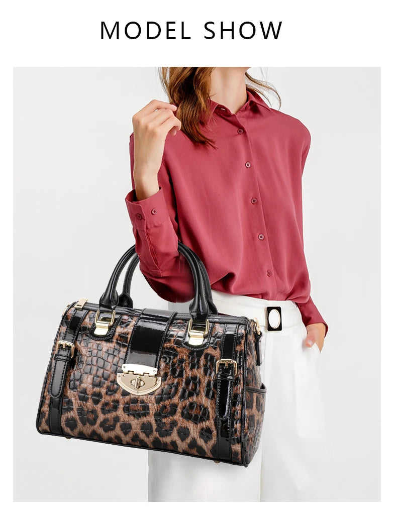 Leopard Handbag Leather Women's Bag Large Capacity Boston Bag Fashion Versatile Cowhide One Shoulder Crossbody Bag