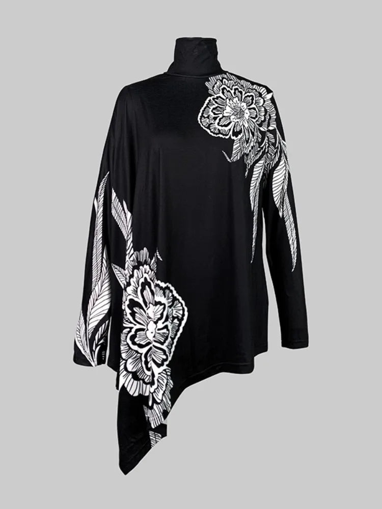 Asymmetric Floral Printed High Neck T-Shirt Long Batwing Sleeve Loose Casual