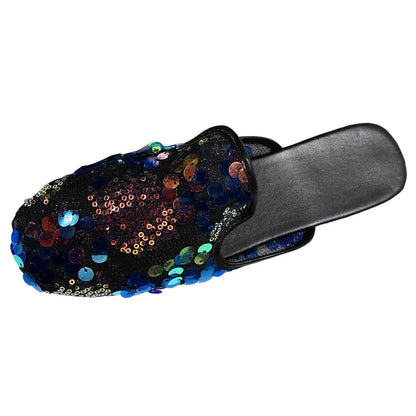 Women Casual Sequin Decoration Slipper Square Toe Flat Bottom Comfortable Sandals Slides Black / 40 / United States Black / 42 / United States 