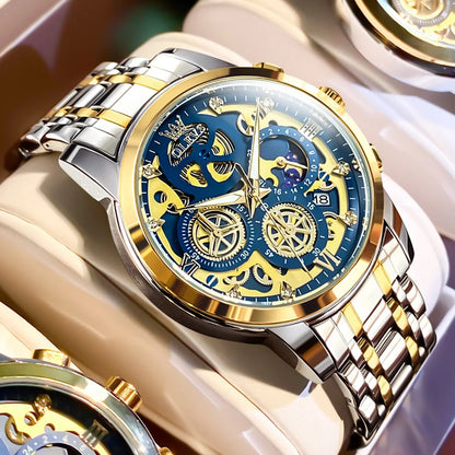 Top Brand Luxury Original Waterproof Quartz Watch for Man Gold Skeleton Style 24 Hour Day Night New