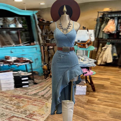 Strap Denim Women's Dress Vintage Asymmetric Hem Cinching irregular Dress Female Summer New  Lady High Street Outwear Distressed