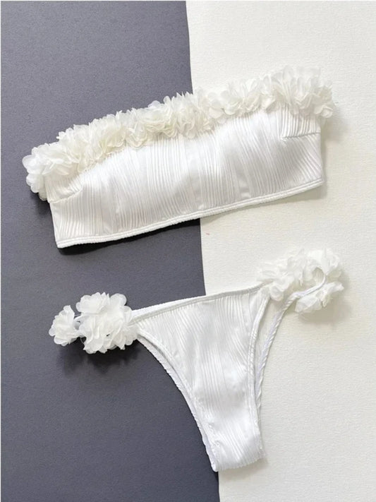 Lace Ruffle Strapless Backless Bikini Set White High Waist Swimwear