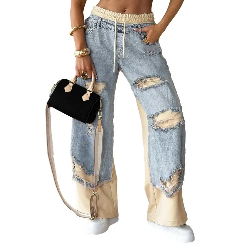 Women's Large Hole Patchwork Jeans High Waist Wide Legs Casual Bottoms Denim