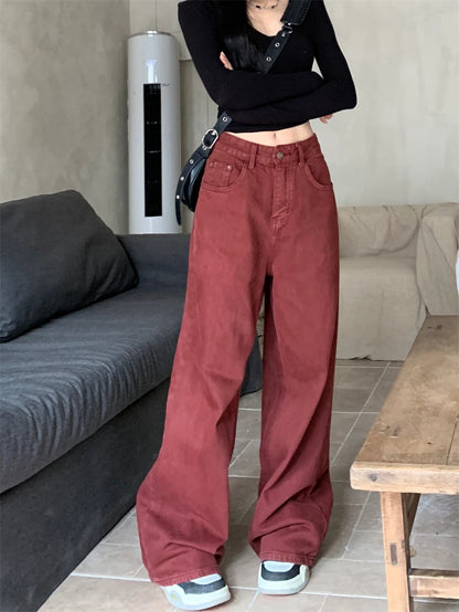 Women Red Jeans Harajuku Y2k Aesthetic Streetwear Baggy Denim Trousers Korean Loose Jean Pants 90s Vintage 2000s Trashy Clothes