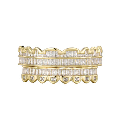 Baguette Teeth Grillz Set For Unisex Top Bottom Iced Out Cubic Zircon Stone Brass Material Hip Hop